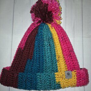Handmade Crocheted Beanie Hat – Colorful Striped Design with Pom-Pom